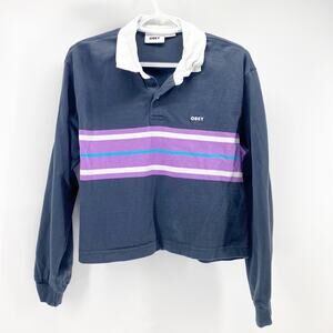 OBEY Riley LS Polo purple cropped oversized striped rugby  100% cotton size XL